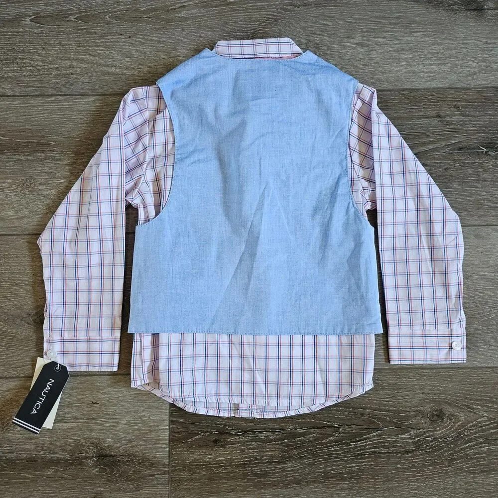 Nautica Boys Kids Beige 4pc Khaki Suit Outfit Sz 4 NWT Shirt Pants Vest Bow tie